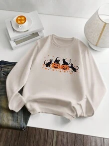 INAWLY 女式卡通猫和南瓜图案圆领长袖休闲羊毛运动衫 - 杏色 - 查看 5