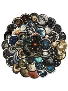 SHEIN 50张太空宇宙卡通涂鸦贴纸，包含星空、行星、宇航员空间站、月球火箭等图案，防水，适用于行李箱、笔记本电脑等，圣诞装饰 - 彩色 - 查看 1