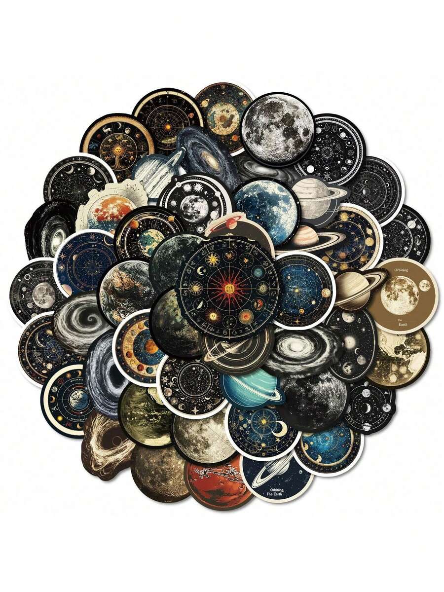 SHEIN 50张太空宇宙卡通涂鸦贴纸，包含星空、行星、宇航员空间站、月球火箭等图案，防水，适用于行李箱、笔记本电脑等，圣诞装饰 - 彩色 - 查看 1