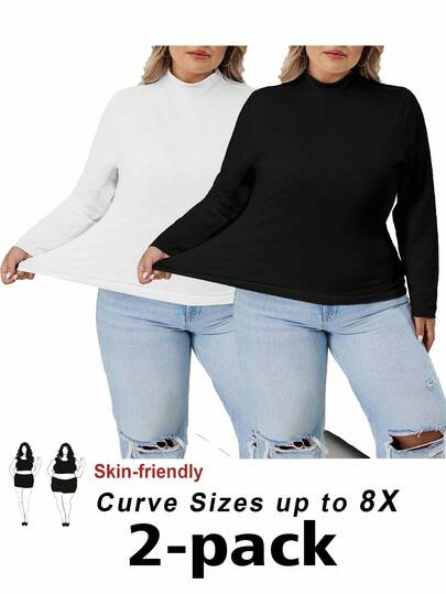 SHEIN CURVE+ 大码女式纯色立领长袖休闲宽松 T 恤女式大码上衣曲线大码上衣大码高领上衣 8xl 女装大码长袖上衣曲线上衣大码上衣 2 件套女式大码曲线上衣/秋冬