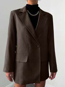 SHEIN Plus Women's Fashion Commuter Striped Blazer - Brown - View 3