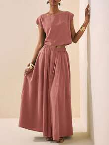 Zivah 2025新款夏季休闲度假优雅日常约会沙滩装生日派对圆领插肩袖短袖剪裁T恤+百褶裙长裙绿波条纹梭织女士两件套 - 粉色 - 查看 7