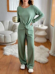 EURMUSE 女士纯色两件套上衣和裤子套装 - 薄荷綠 - 查看 3