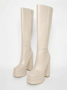 Solezae Botas altas hasta la rodilla con plataforma y cremallera lateral para mujer - Beis - Ver 5