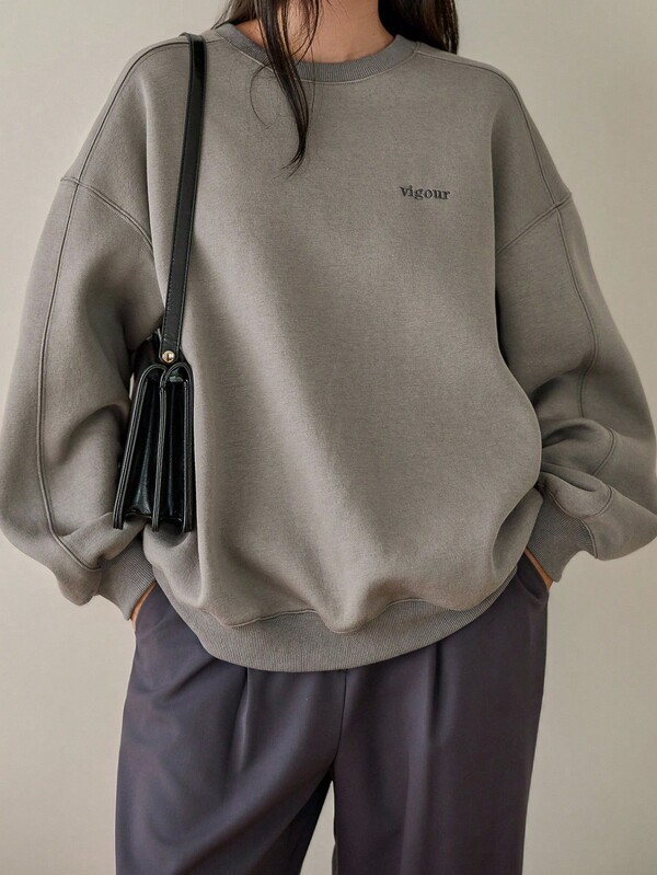 Dazy-Less Sudadera holgada de manga larga con cuello redondo, forro térmico, unicolor y patrón bordado de letras, para mujer, estilo casual, otoño/invierno
