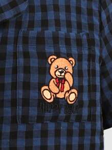 SHEIN 青少年女孩宽松休闲简约舒适领口小熊刺绣家居服睡衣套装 - 藏蓝色 - 查看 3