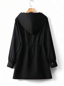 EMERY ROSE Plus Size Women Casual Hooded Cinched Waist Pocket Long Sleeve Windbreaker Jacket Fall Winter Cloth For Women Autumn - Black - View 2