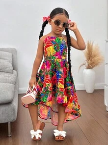 Young Girl Elegant Minimalist Halter Floral Print Sleeveless Dress - Pink - View 4