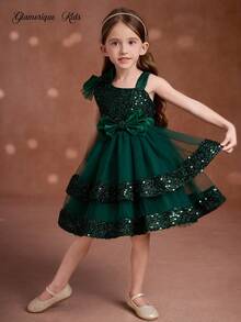 Young Girl Elegant Mesh Sequin Princess Dress,Christmas Dress Fall Winter - Dark Green - View 7
