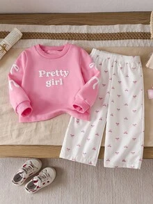 SHEIN 女婴新生儿0-3岁休闲日常蝴蝶结装饰粉色短款圆领长袖卫衣和灯芯绒裤套装，秋冬季 - 粉色 - 查看 1