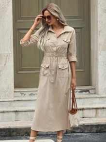 Mulvari 纯色纽扣前半襟收腰口袋翻盖连衣裙，女士休闲口袋七分袖领口常规版型长款卡其粘胶卷起袖纯色衬衫女式长裙，春季/秋季，休闲日常穿着长款女装