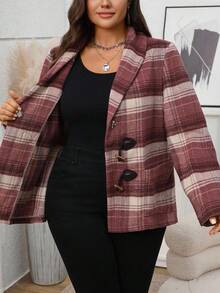 EMERY ROSE Plus Size Women Plaid Shawl Collar Long Sleeve Horn Button Front Casual Wool Blend Pockets Jacket,Business Casual Woman,Winter Clothes For Women,Chic Autumn&Winter Fall