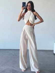 Firerie 女士新款简约优雅绿色中腰宽松直筒裤，百搭日常休闲装、通勤装、时尚装、夏季装、办公室装、海滩度假装 - 杏色 - 查看 9