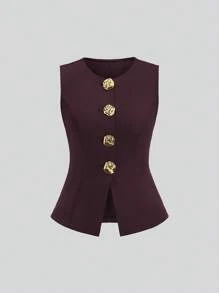 Sweetra Women's Summer Versatile Gold Button Sleeveless Top & Draping Wide Leg Pants - Burgundy - View 3