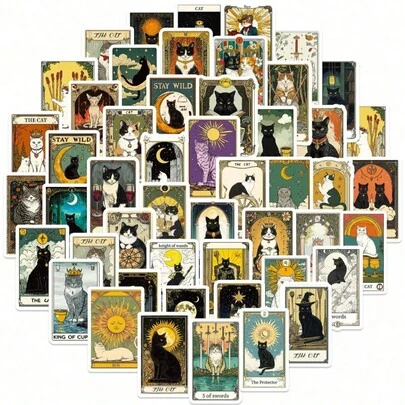 SHEIN 50 Parça Retro Kedi Tarot Kartı Çıkartma Paketi, Albüm, Bavul, Araba, Telefon Kılıfı, Oda Dekorasyonu, Yaratıcı Kendin Yap Çıkartmalar, Parti Dekorasyonu, Gençler, Yetişkinler ve Okul Malzemeleri İçin Sevimli Grafiti Vinil Su Geçirmez Çıkartmalar