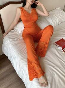 SHEIN Semi-Sheer Orange Pajama Set With Contrast Lace And Regular Fit Pants - Orange - View 6