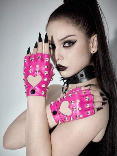 Goth 1 Pair Women's Rivet Leather Fingerless Gloves, Suitable For Daily Wear