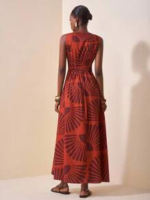 Zivah 2025 春夏新款音乐节、复活节、圣帕特里克节、西部风、游牧风、生日派对、毕业典礼、学院风、学生装、日常休闲、基础百搭、休闲、邮轮旅行、海滩、日光浴、网络热卖、街头服饰、婚礼宾客波西米亚风、通勤、早午餐、机场、细肩带 V 领无袖木质纽扣装饰褶饰腰部 Y2K 复古做旧假日印花长裙 - 彩色 - 查看 2