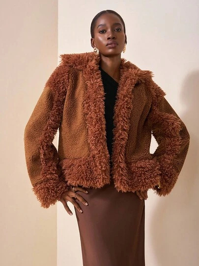 Zivah Hàng mới về mùa thu 2025, Thích hợp cho tiệc sinh nhật, Phong cách trường học, Trang phục hàng ngày, Thường ngày, Kỳ nghỉ, Du lịch du thuyền, Bãi biển, Tắm nắng, Lan truyền, Phong cách đường phố, Phong cách xe máy, Câu lạc bộ, Cổ áo lông dài tay, Áo khoác len ống chắp vá lông, Cổ tay áo lông, Vải lông màu nâu đỏ, Áo khoác nữ mùa thu/đông