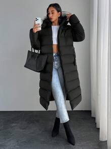 SHEIN Tall Damen Gepolsterter Mantel mit flauschigem Kapuzenrand und Kunstpelz, Reißverschluss