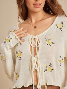 WESTFADE Cárdigan de punto con cuello en V, lazo delantero y bordado floral, corte relajado, tops lindos de otoño para volver a la escuela, estilo campestre