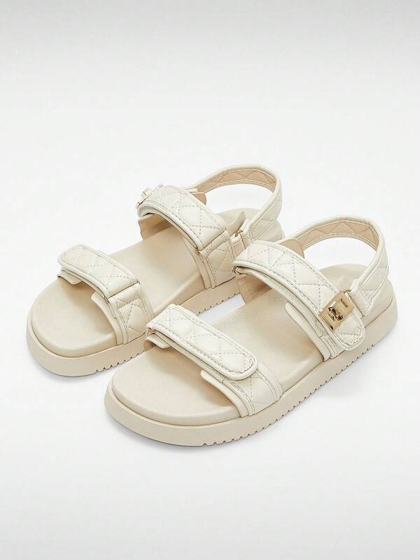 Solezae Women's 3cm Platform Quilted Strap Pu Beige Sandals - Gold Accent & Puff Cushion Spring 2025 | Luxury Slides With Adjustable Buckle