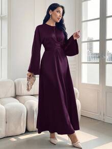 Modelyn 勃艮第红女士纯色缎面优雅束腰连衣裙，优雅晚会礼服长款晚礼服 - 紫色 - 查看 6