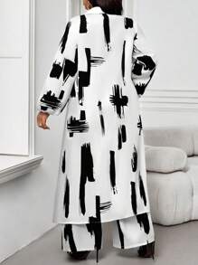 SHEIN Lady 春夏秋冬休闲优雅工作黑色梭织衬衫领主教袖口袋长袖大码西装春夏优雅通勤办公室大码西装女士夏装度假服装女士度假两件套西装，2件套夏装 - 黑與白 - 查看 2