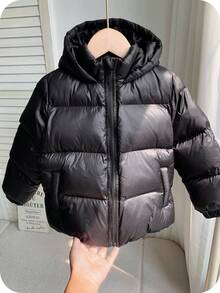 SHEIN Young Boy Black Loose Fit Casual Thick Quilted Hooded Jacket, Suitable For Autumn/Winter Fall - Black - View 8
