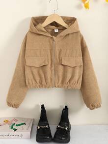 Tween Girl Loose Casual Drop Shoulder Hooded Cropped Corduroy Jacket,In Fall/Winter - Camel - View 5