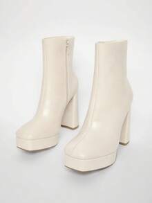 Solezae Women's Comfortable & Fashionable Square Toe Side Zipper Chunky Heel Ankle Booties - Beige - View 2