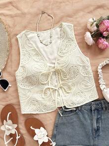 Soleia 女士提花前系带宽松上衣衬衫，腰果花佩斯利波西米亚风，适合西部牛仔风格女性，复活节风格女性 - 黑色 - 查看 4