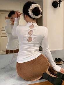 DAZY Women's Lace Patchwork Hollow Out Turtleneck Long Sleeve T-Shirt, Sexy Slim Fit Layering Top For Autumn & Winter,Fall Women Clothes - Beige - View 4
