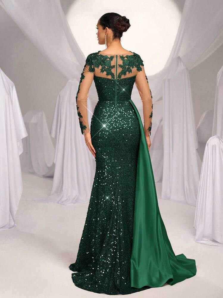Glamrae Elegante y lujoso vestido de satén maxi con abertura, cola de pez y tren, bordado con encaje y lentejuelas, adecuado para bodas, fiestas, vacaciones, galas y ocasiones especiales (muy adornado), vestido formal, de fiesta, de noche, para invitada de boda en color verde, para el Día de San Valentín - Verde Oscuro - Añade 3