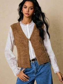 Poéselle 毛绒针织无袖毛衣背心 - 女式柔软纽扣前开衫背心，女式针织背心，毛绒背心，无袖开衫，柔软针织背心，纽扣前背心，分层背心，秋季针织背心，西部服饰 - 鏽棕色 - 查看 5