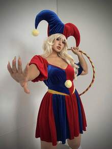 Sunspun 加大码女式天鹅绒方领泡泡袖拼色短袖小丑万圣节优雅休闲角色扮演 A 字裙 - 彩色 - 查看 4