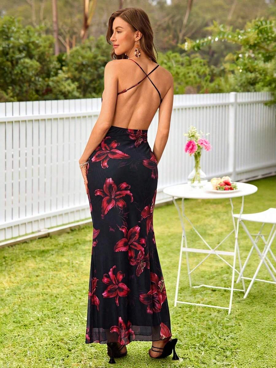 KARISMINA 女士深 V 领露背花卉印花度假修身连衣裙 - 彩色 - 查看 1