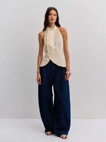 Nöista 夏季中国风领口亚麻条纹无袖蝴蝶结细节，饰有亚麻条纹和蝴蝶结细节！ - 杏色 - 查看 4