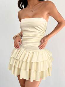 SHEIN EZwear Sleeveless Tiered Layered Pastel Yellow Strapless Mini Dress For Women Casual Outfits - Apricot - View 4