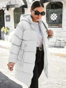 EURMUSE Plus Size Casual Solid Color Hooded Jacket, Versatile For Winter - White - View 5