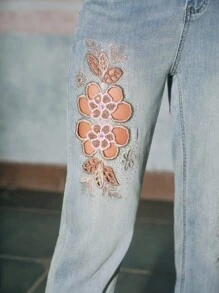 Anewsta Elaire Jeans casuales lavados con bordado floral, calados y decorados con rhinestones - Azul - Ver 1