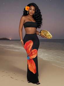 Slaydiva 2 件装 2025 新款夏季海滩度假日常性感短款抹胸 + 花卉印花裙女式套装 - 彩色 - 查看 1