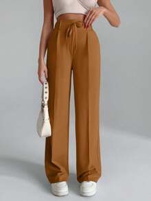 EURMUSE Women Solid Color Wide Leg Tie Front Detailed Pants - Camel - View 5