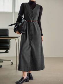 Dazy-Less Women's V-Neck Wool Blend Sleeveless Cinched Waist Midi Dress, Loose Fit Business Casual Office Commuter Wear, Autumn/Winter