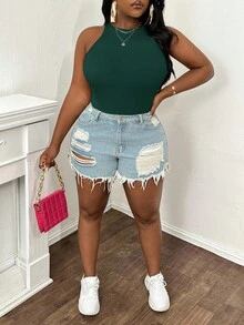 SHEIN PETITE CURVE Plus Size Casual Basic Fitted White Round Neck Off-Shoulder Tank Top - Dark Green - View 5