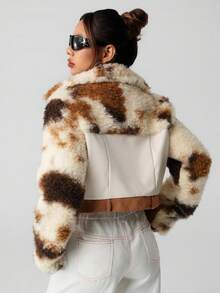 SHEIN ICON Women's Leather & Fur Patchwork Jacket, Autumn/Winter Cropped Jackets,Fall - Mocha Brown - View 2