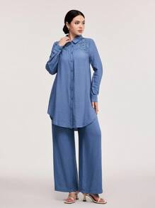 Veilorie 2 件套女士纯色长袖衬衫和长裤套装，简约时尚休闲日常穿着 - 藍色 - 查看 1