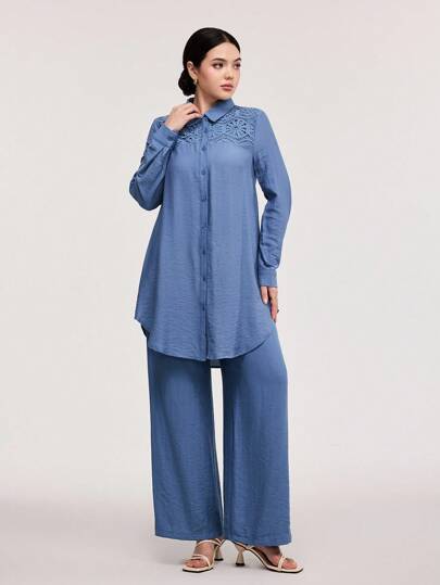 Veilorie 2pcs Women Solid Color Long Sleeve Shirt And Long Pants Set, Minimalist Fashion Casual Everyday Wear