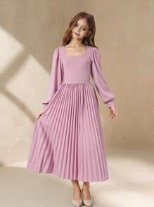 Đầm dài tay dài xếp ly cổ vuông thanh lịch, vai thường, eo cao, màu trơn, thời trang tối giản dành cho bé gái tuổi mới lớn, thích hợp cho lễ tốt nghiệp, tiệc Giáng sinh, mọi mùa, sự kiện Halloween - Màu tím hoa cà - Xem 1