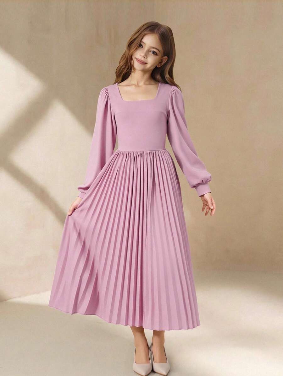 Đầm dài tay dài xếp ly cổ vuông thanh lịch, vai thường, eo cao, màu trơn, thời trang tối giản dành cho bé gái tuổi mới lớn, thích hợp cho lễ tốt nghiệp, tiệc Giáng sinh, mọi mùa, sự kiện Halloween - Màu tím hoa cà - Xem 1